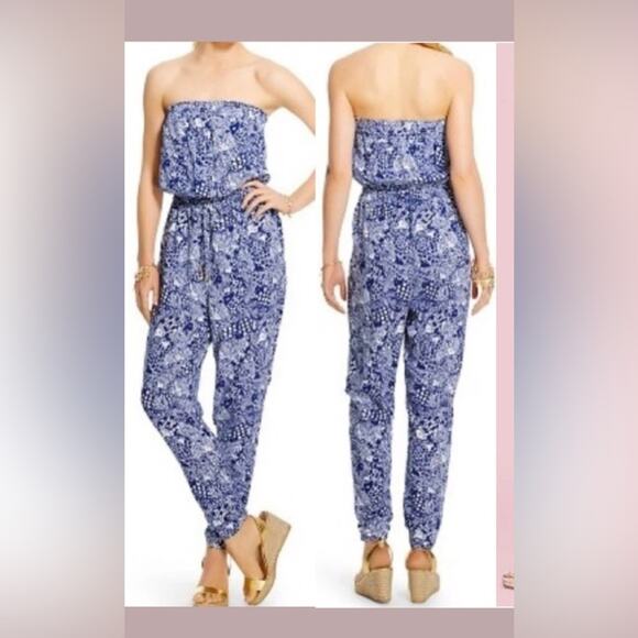 Lilly Pulitzer Pants - UEC LILLY PULITZER NAVY BLUE & WHITE FISH PRINT STRAPLESS JUMPSUIT SZ L